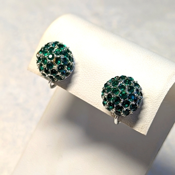 Vintage Green Rhinestone Small Round Button Style Clip Earrings - Picture 2 of 5